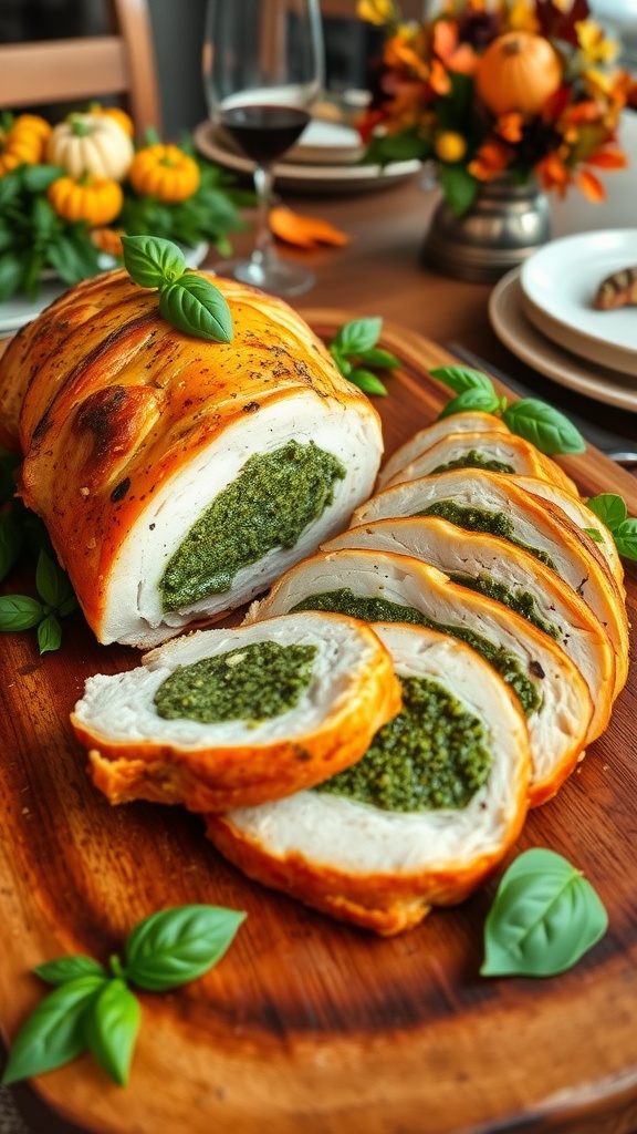 Sliced pesto-stuffed turkey breast on a wooden platter, garnished with basil, showcasing the green filling.